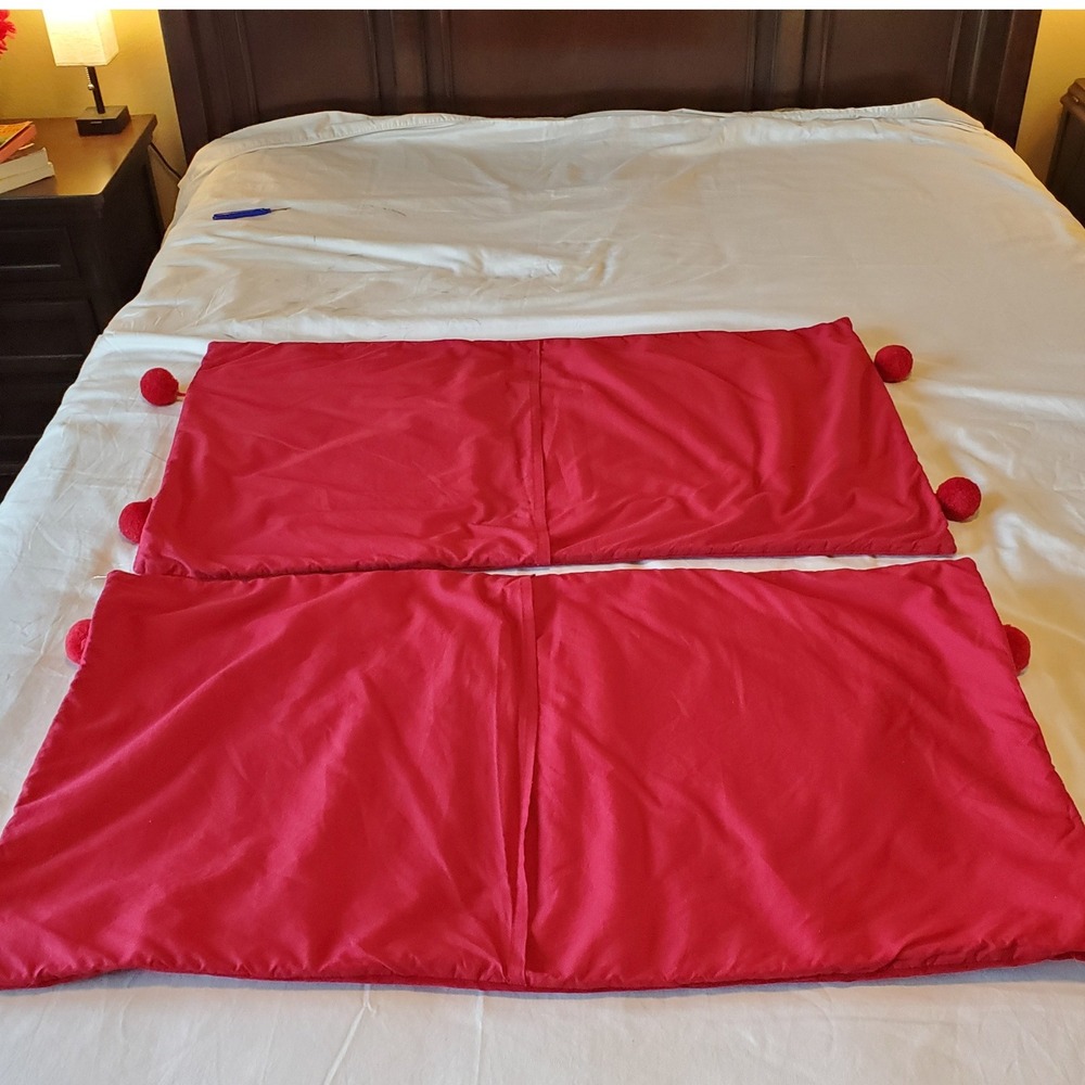 Bee & Willow Home Red Velvet Pom Pom Quilted Pillow Shams Set of 2 King 20x36